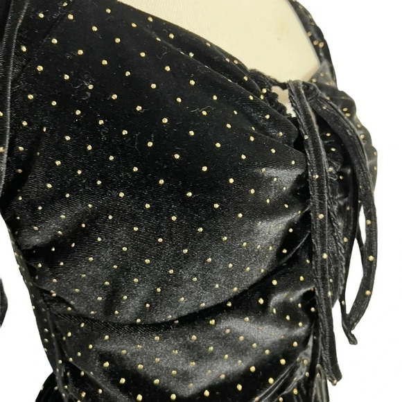 Aqua Black Velour Peplum Blouse Size XS Gold Studs Keyhole Long Sleeves Cocktail - Picture 7 of 8